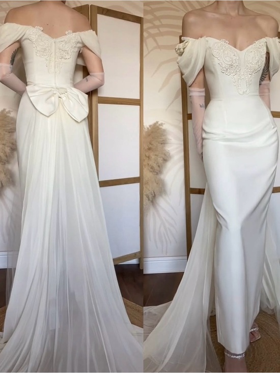 Kelsey Rose Dresses & Skirts - Vintage Off-Shoulder Ivory Bridal Gown with Draped Bow Back